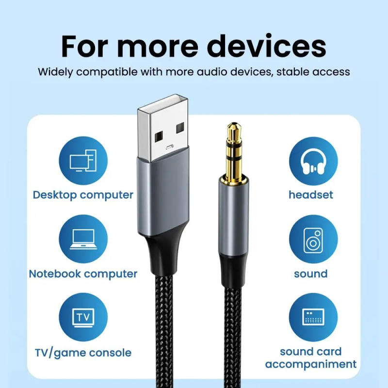 Description Picture 6 of itemUSB to 3.5mm Audio Cable Male to Male Stereo USB A to 3.5 Jack AUX Adapter Wire Headphone Speaker for Laptop PC TV Car