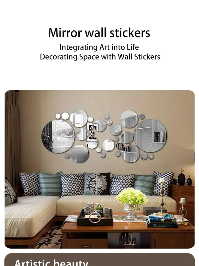 Description Picture 3 of item26 PCs 3D Acrylic Mirror Wall Sticker, round Mirror, DIY Bedroom, Bathroom and TV Background Room Sticker Wall Decoration