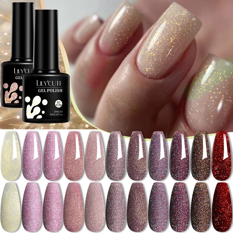 Description Picture 2 of itemLILYCUTE Gold Aurora Glitter Gel Nail Polish Spring Nude Color Long Lasting French For Manicure Soak Off Nail Art UV Gel Varnish
