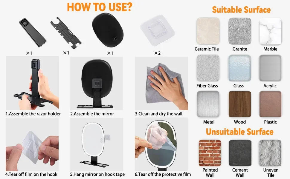 Description Picture 6 of itemWall mounted Bathroom Mirror LED Shaving Mirror with Razor Holder Illuminated Fogless Shower Bath Accessories 3Colors Adjustable