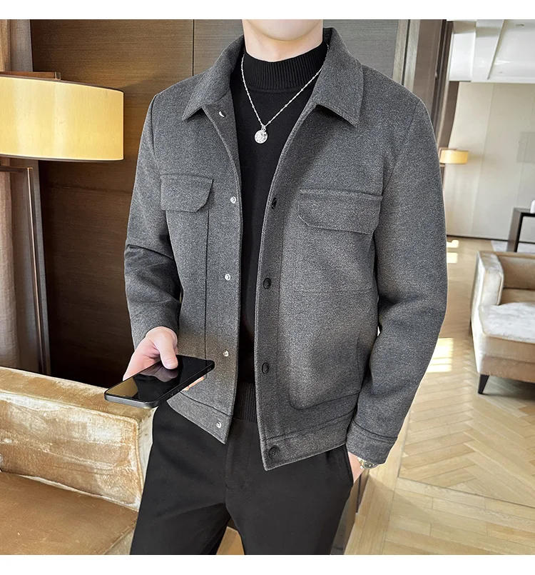 Description Picture 6 of itemAutumn/Winter Men Slim Fit Wool Classic Solid Color Jacket High Quality Business Casual Woolen Jackets Fleece British Style Coat