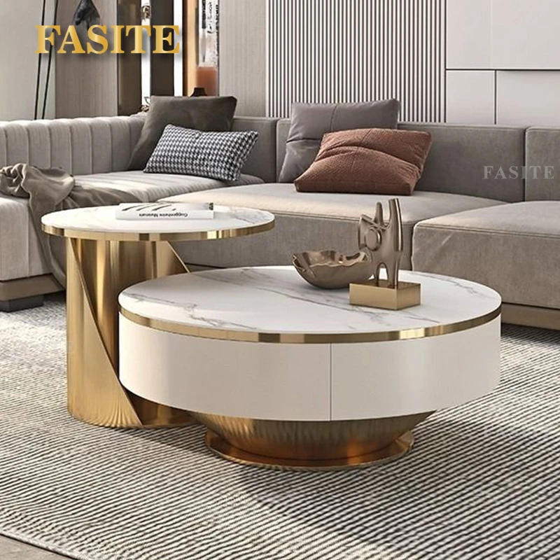 Description Picture 2 of item2pcs Modern Gold White Round Marble Coffee Table Set Wooden Furniture Luxury Center Table For The Living Room