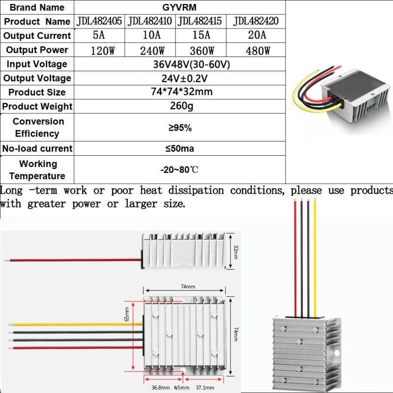 Description Picture 5 of itemDC DC 36V 48V to 24V 1A 2A 3A 5A 10A 15A 20A 30A Step Down Model 60V 72V 80V to 24V 480W Buck Converter IP68 Waterpoof level