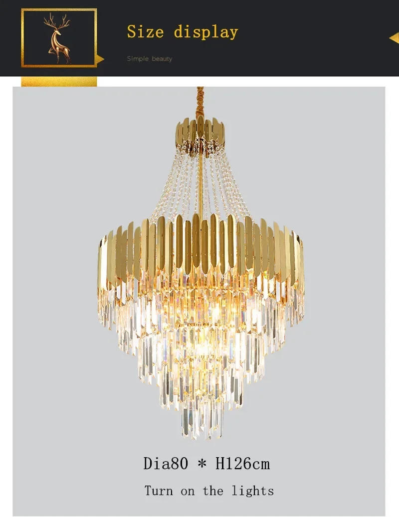 Description Picture 6 of itemLuxury Crystal Chandeliers Golden Large Hanging Lamps Lobby Villa Staircase Pendant Lights for Room Decor Lustre LED Luminaires