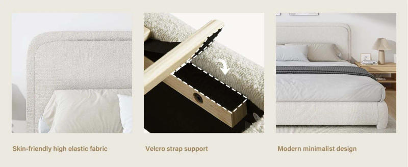 Description Picture 4 of itemQueen Size Boucle Frame Headboard,Upholstered Platform Bed with Wood Slats,Soft Rounded Corners,No Box Spring Required,