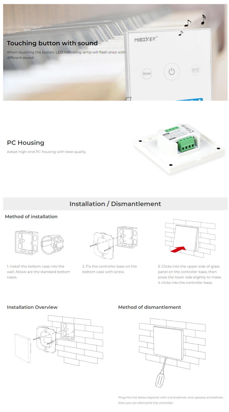 Description Picture 4 of itemMiBoxer P1 DC12-24V 2.4GHz 86Touch Switch Panel Single Color Dimmer Adjust Brightness Led Controller for Led Strips/FCOB