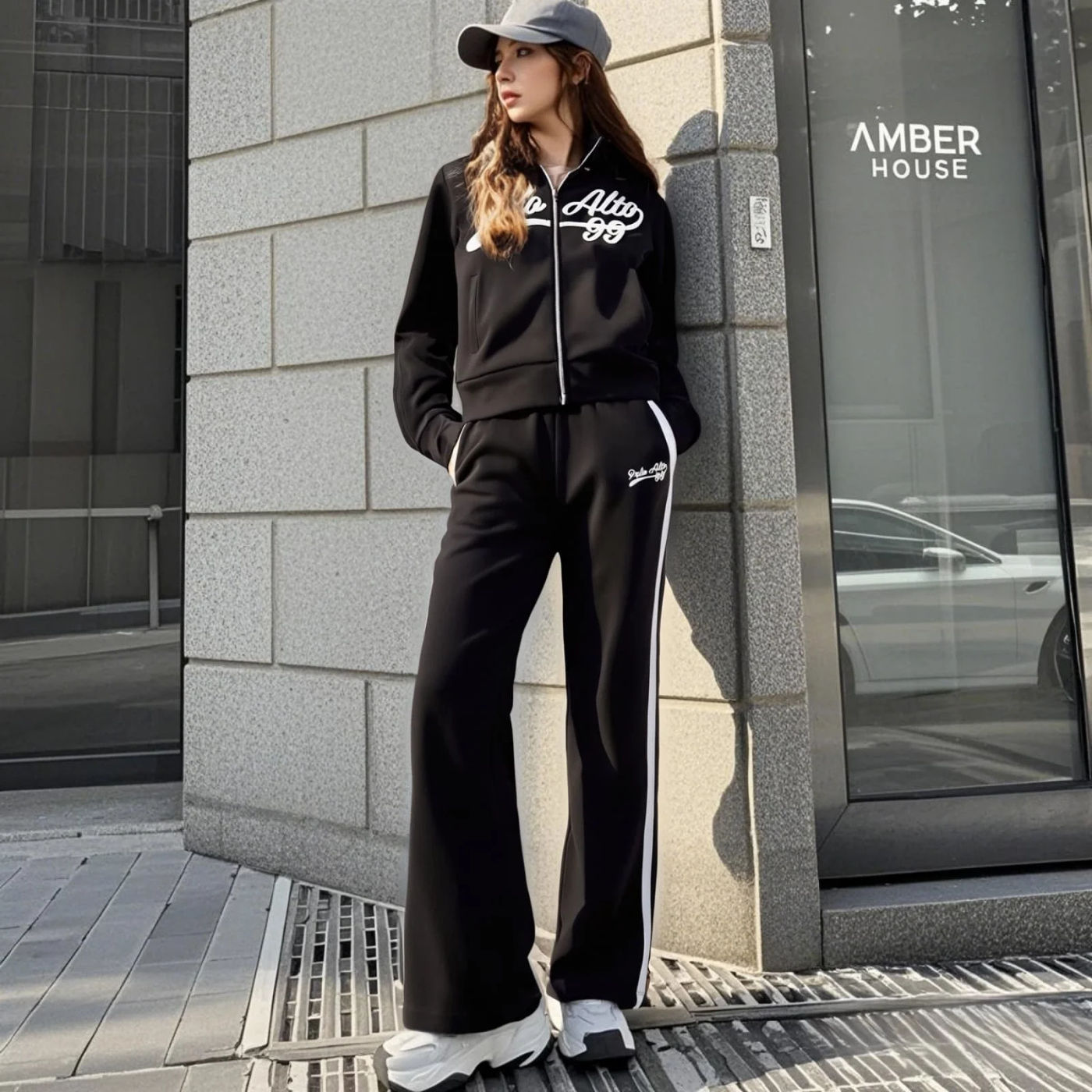 Description Picture 5 of itemPB&ZA Women's Zip - up Jacket Crop Top and Flared Pants Set with Branding and Striped Details for a Sporty and Stylish Look