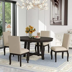 Round Extendable Dining Table Set with 4 Upholstered Chairs Elegant Farmhouse Kitchen Furniture