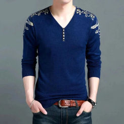 2023 Spring and Autumn Men's Pullover V-neck Button Printed Casual Fashion Elegant Commuter Long sleeved Knitted Bottom Shirt