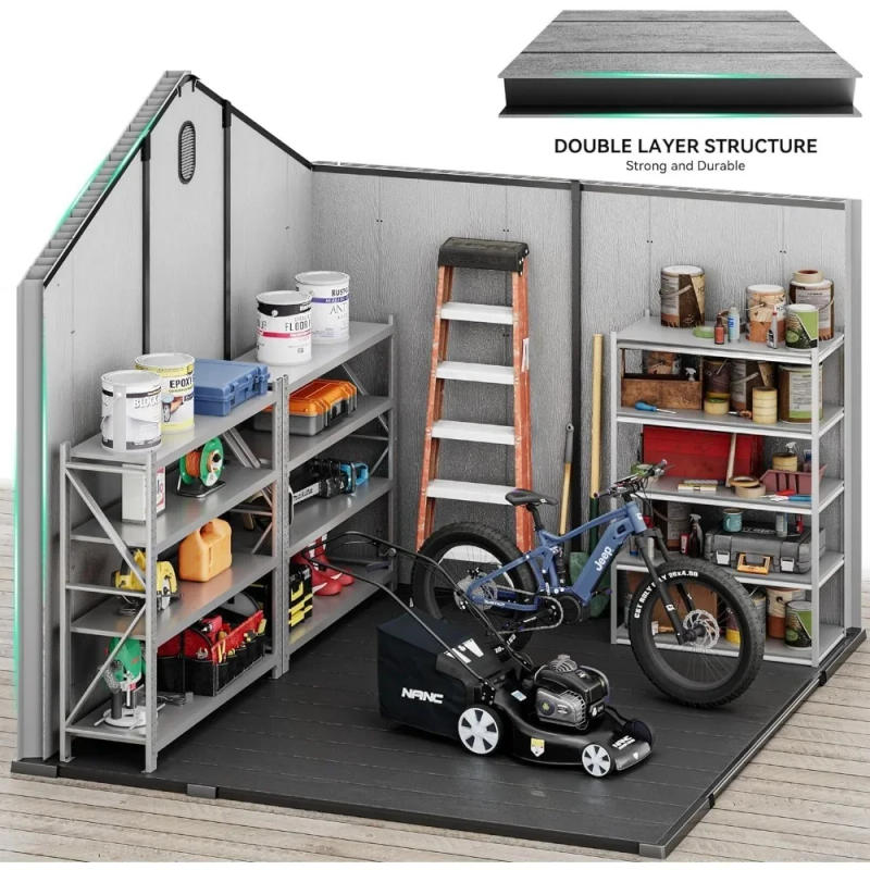 Description Picture 4 of itemOutdoor Resin Storage Shed with Floor, Lockable Door, Windows & Vents, Plastic Tool Storage, Lawn Mower, and Bike Storage 8x8 Ft