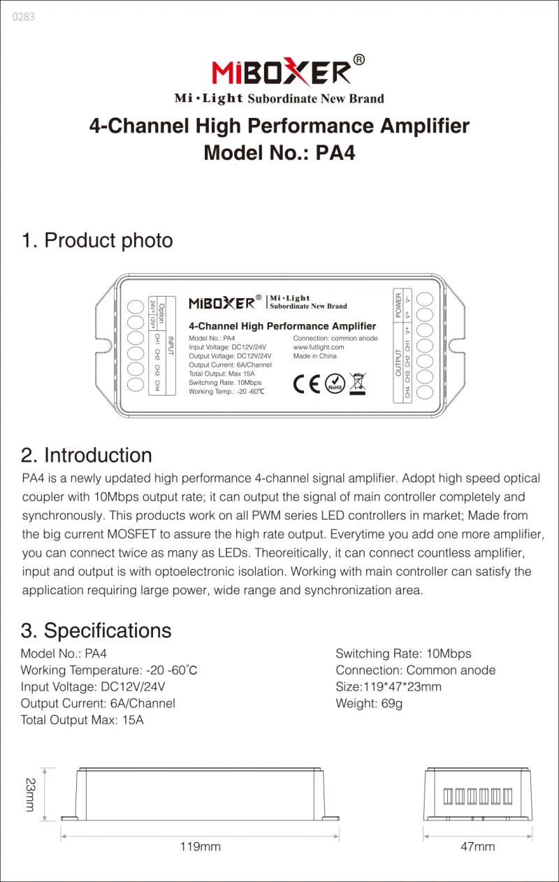 Description Picture 3 of itemMiboxer High Speed Performance Amplifier PA4 4-Channel PA5 5-Channel LED Controller for 5050 RGB RGBW LED Strip Light DC12V 24V