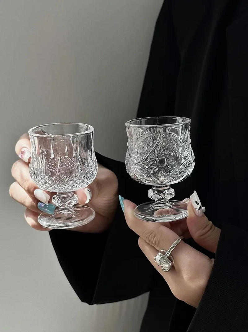 Description Picture 6 of item50ML White Wine Glass Retro Goblet with Relief Pattern Shot Glass Set Party Bar KTV Shochu Spirit Transparent Drinking Glasses