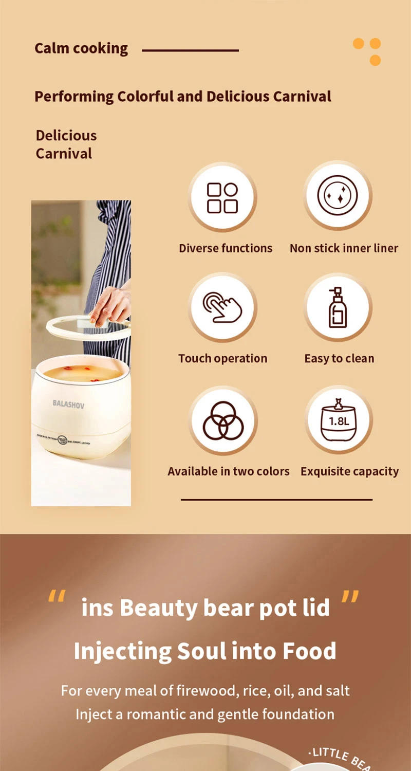 Description Picture 3 of item1.8L Electric Mini Rice Cooker Multifunctional Non Stick Pots for Cooking Portable Multicooker Appliances for Kitchen 110v 220v