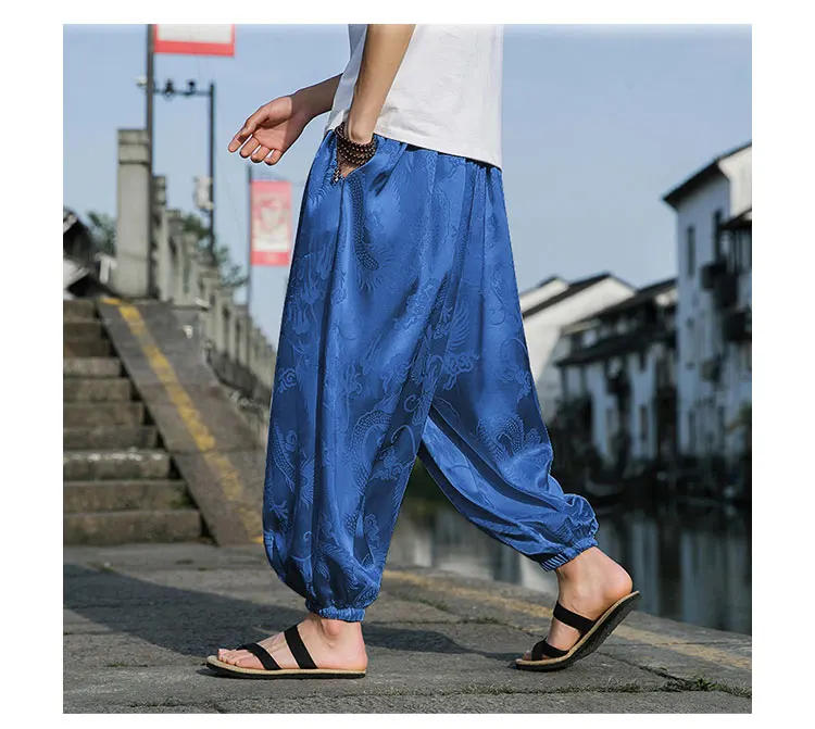 Description Picture 5 of itemSummer Ice Silk Dragon Pattern Pants Men's Beach Bloomers Retro Casual Wide-leg Flower Pants Harajuku Fashion Jogging Pants