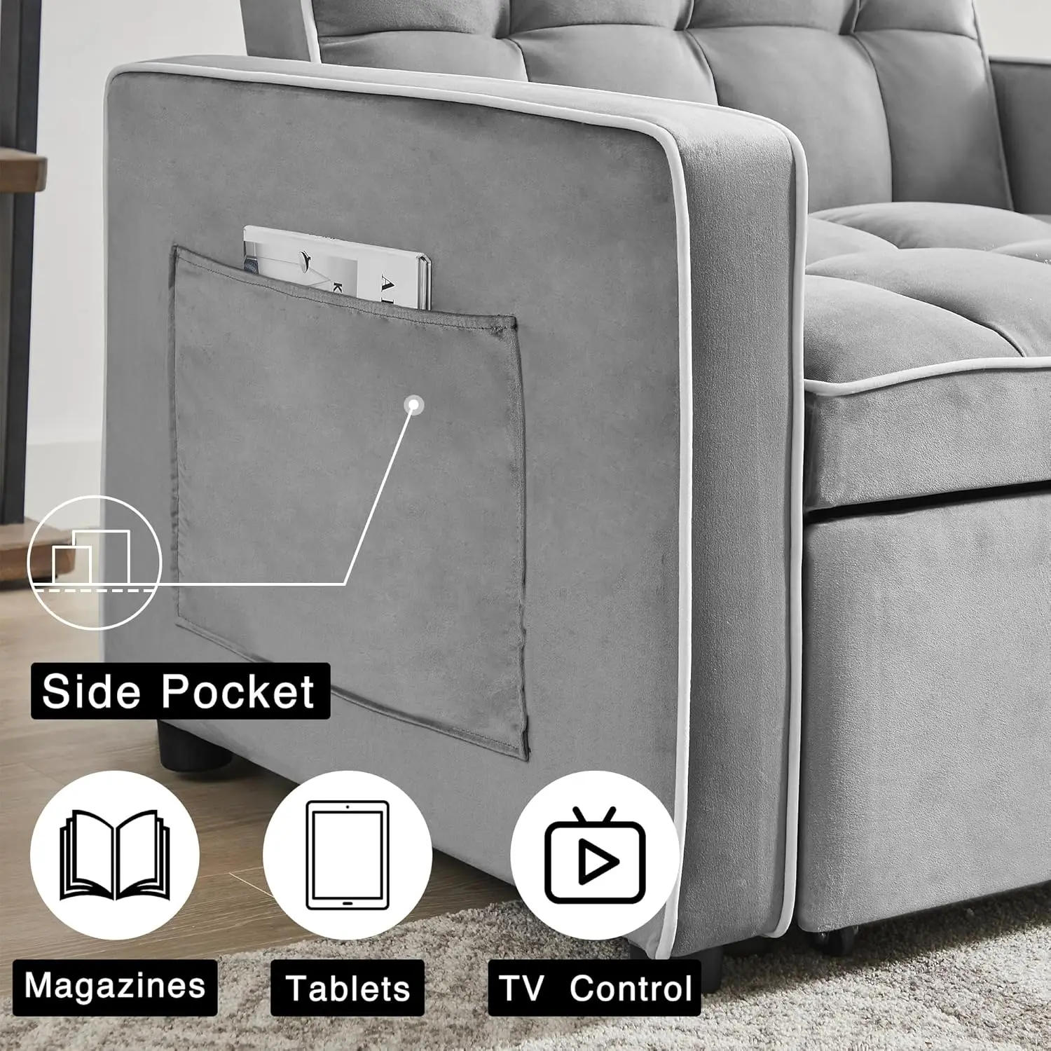 Description Picture 5 of item3 in 1 Sleeper Chair Bed, Convertible Sofa Bed with Side Pocket,Adjustable Backrest ,Chair Bed Sleeper for Adults in Living Room