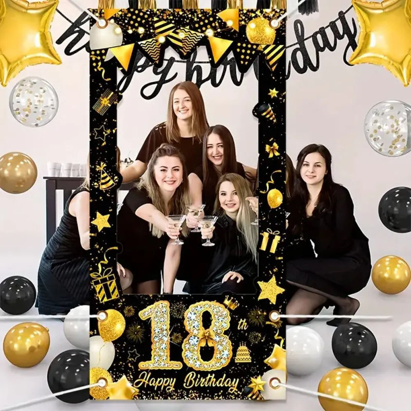 Description Picture 4 of itemGold Black Happy Birthday Photo Booth Frame Banner 18th 21st 30th 40th 50th Fabulous Birthday Party Backdrops