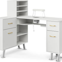 Paddie L-Shaped Manicure Table Nail Station with Shelves, Nail Tech Table Nail Table Station w/Dust Collector, Storage Cabinets,