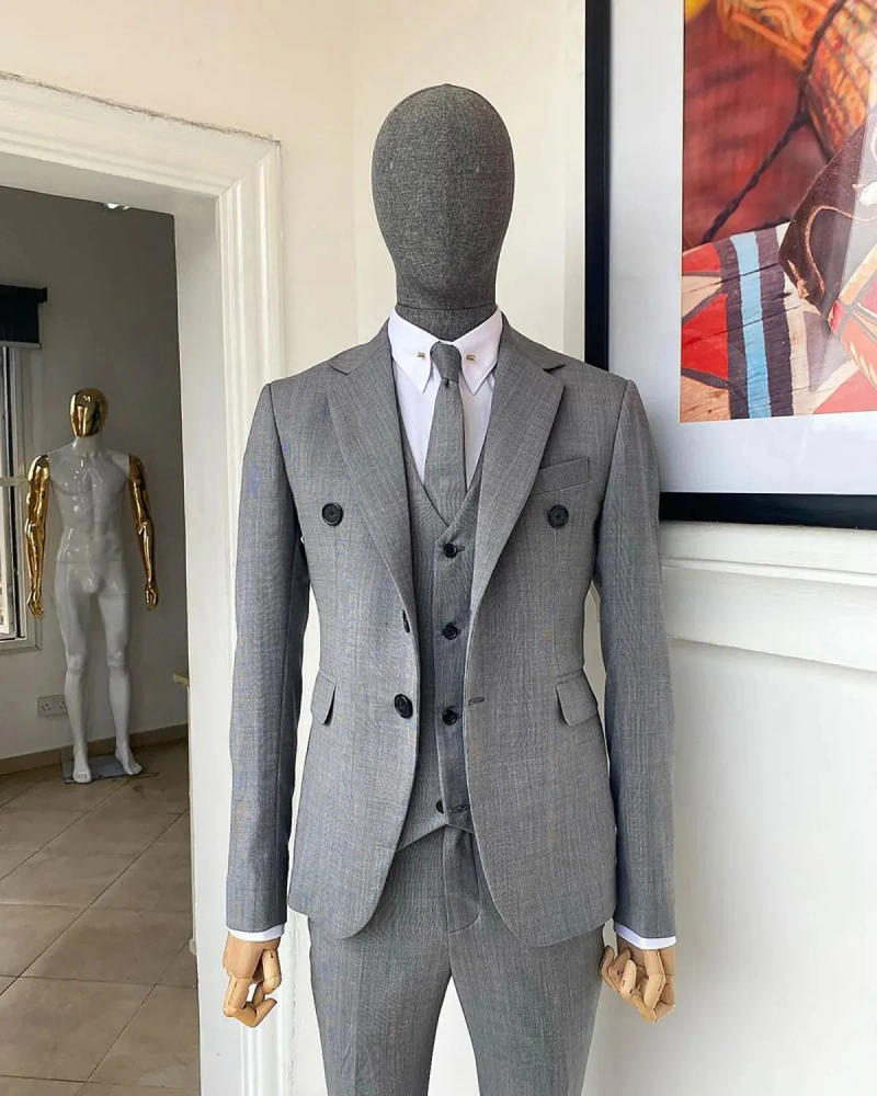 Description Picture 3 of itemGray Men's Suits Tailor-Made 3 Pieces Blazer Vest Pants One Button Peaked Lapel Slim Gentle Business Wedding Plus Size Tailored