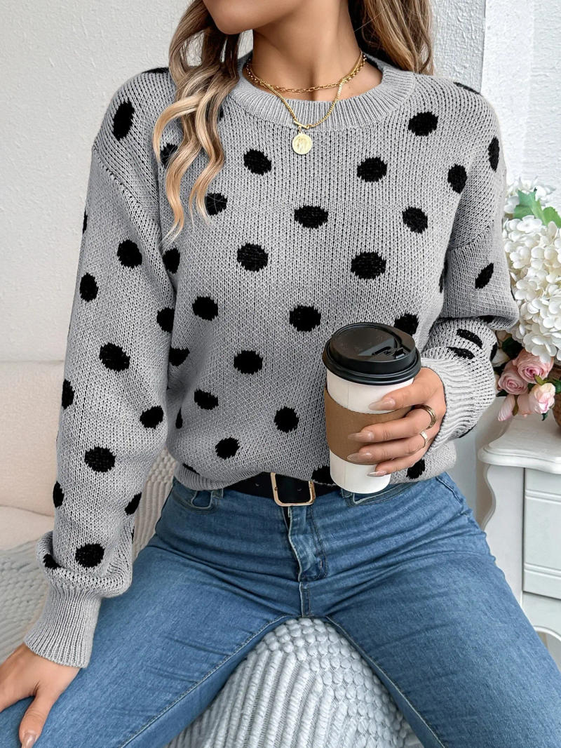 Description Picture 3 of item2025 Autumn/Winter Casual Contrast Color Polka Dot Sweater Women Round Neck Loose Pullover Female Fashionable Retro Outerwear