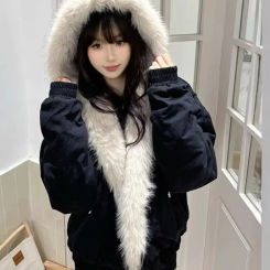 2025 Y2k American new Jacket  Retro Woolen Collar Hoodeds Cotton Plush Men Street Hip Hop Gothic Harajuku Oversize Jacket Coat