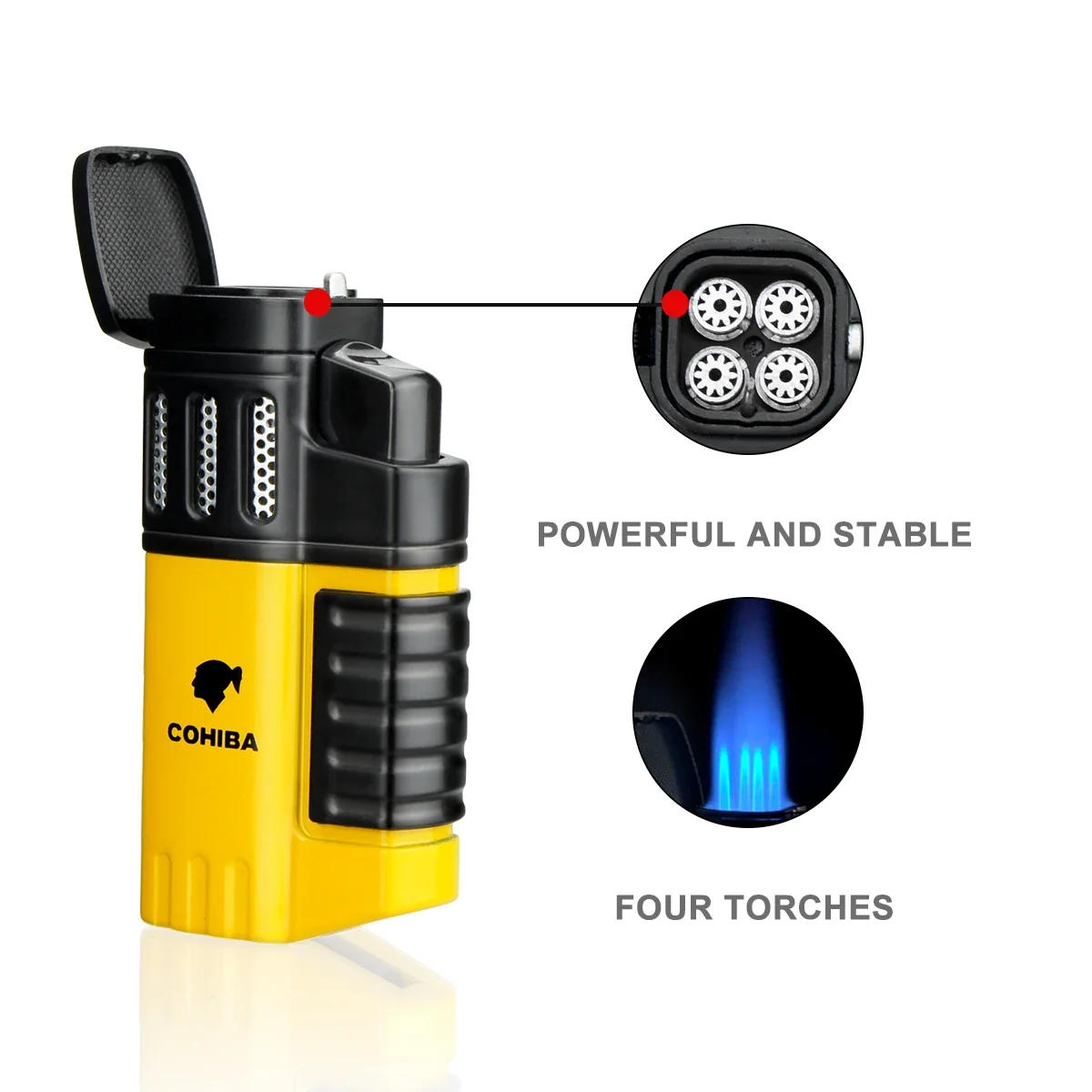 Description Picture 5 of itemWindproof Cigar 4 Fire Jet Lighter Visible Window Multi functional Portable with Perforated Lighter Cigar Accessories Men's Gift