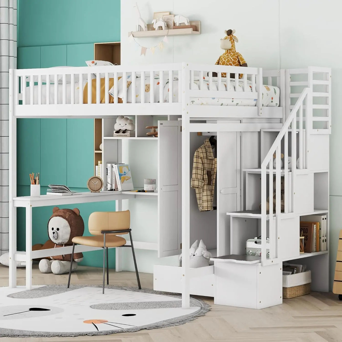 Description Picture 2 of itemFull Loft Beds Stairway Loft Bed Frame with Wardrobe Desk Bookshelf and Drawers White Space Saving Sturdy Construction