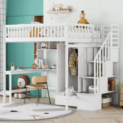 Full Loft Beds Stairway Loft Bed Frame with Wardrobe Desk Bookshelf and Drawers White Space Saving Sturdy Construction