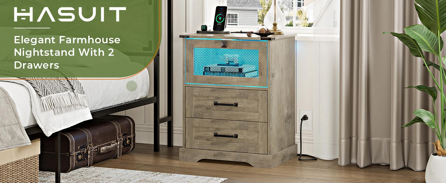 Description Picture 4 of itemRustic Oak Farmhouse Nightstand Set of 2 with LED Lights, Charging Station & Cubby Bedroom Furniture Storage Organizer