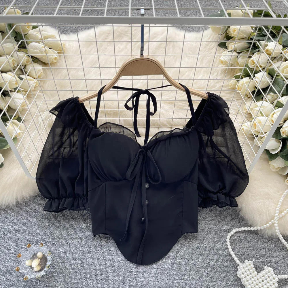 Description Picture 4 of itemSexy  Pleated Lace-up Puff Short Sleeve Slim Blouse Elegant Korean Fashion Off Crop Top Sexy Shirt Summer Women Clothing