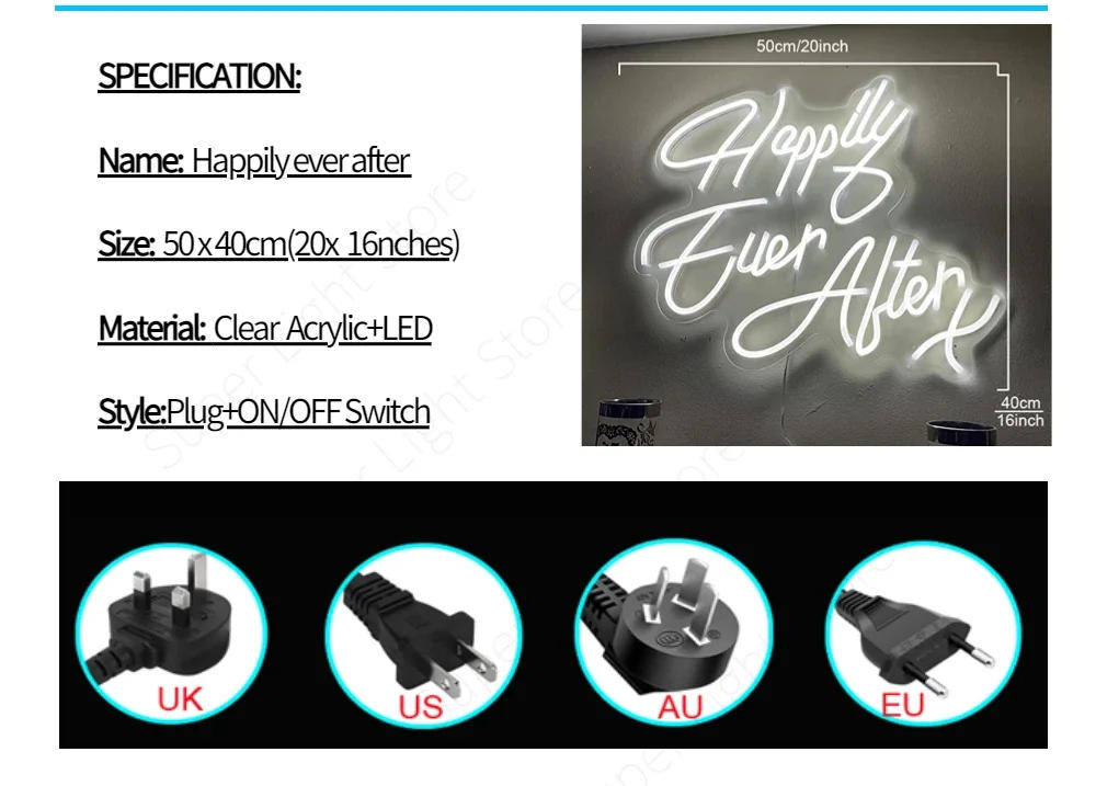 Description Picture 4 of itemBig Happily Ever After LED Neon Light Sign for Wedding Wall Art Night Lamp Birthday Gift Wedding Party Neon Lamp Home Decor