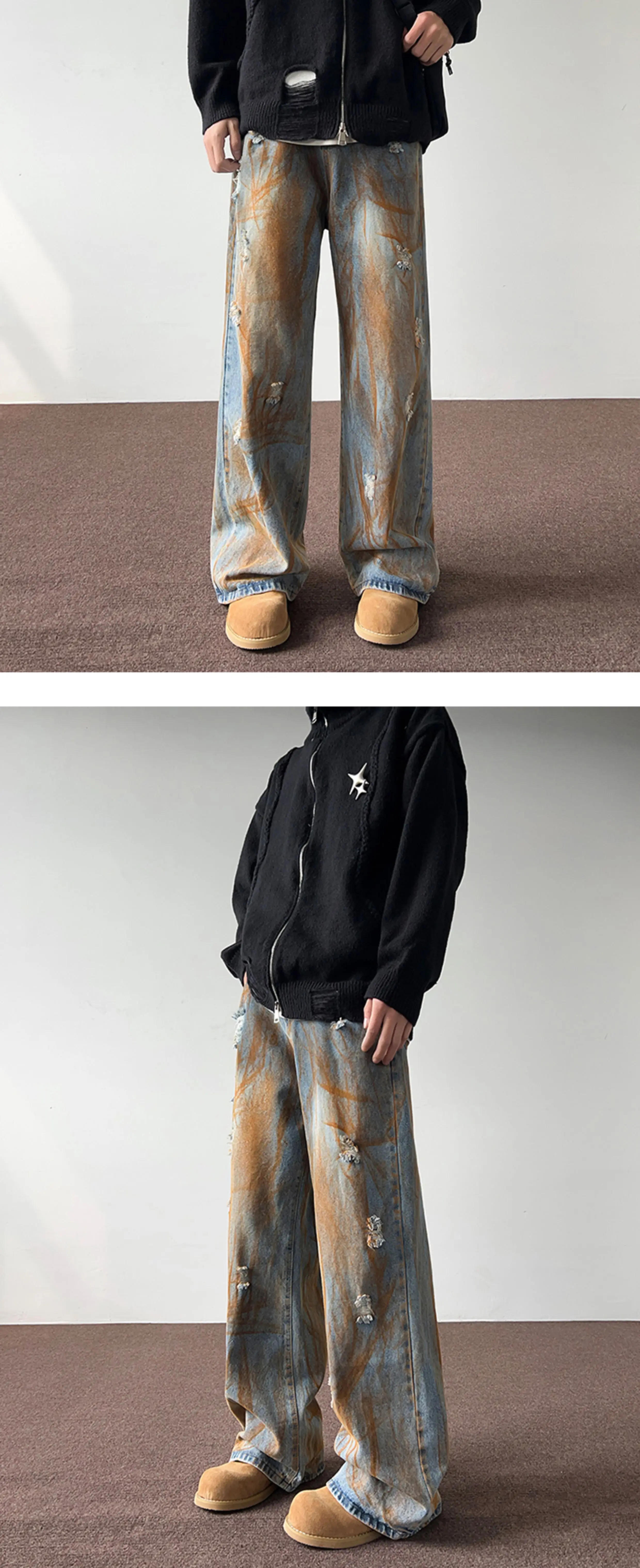 Description Picture 3 of itemAmerican Retro Washed Distressed Jeans Men's High Street Loose Casual Personalized Draped Floor-Mopping Pants Male Clothes