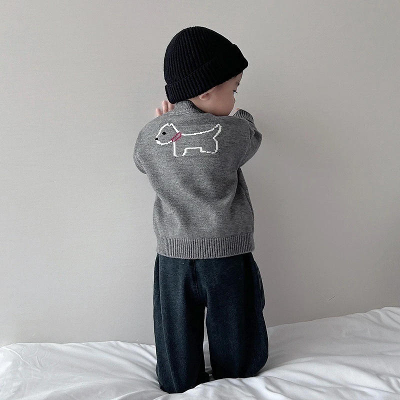 Description Picture 5 of itemChildren's Round Neck Sweaters Autumn New Dog Pattern Baby Clothings Japanese and Korean Grey Knitted Sweaters Cute Top Cardigan