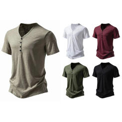 Summer High Quality New Four Button Men's V-neck Bamboo Short Sleeve T-shirt Mens Clothing