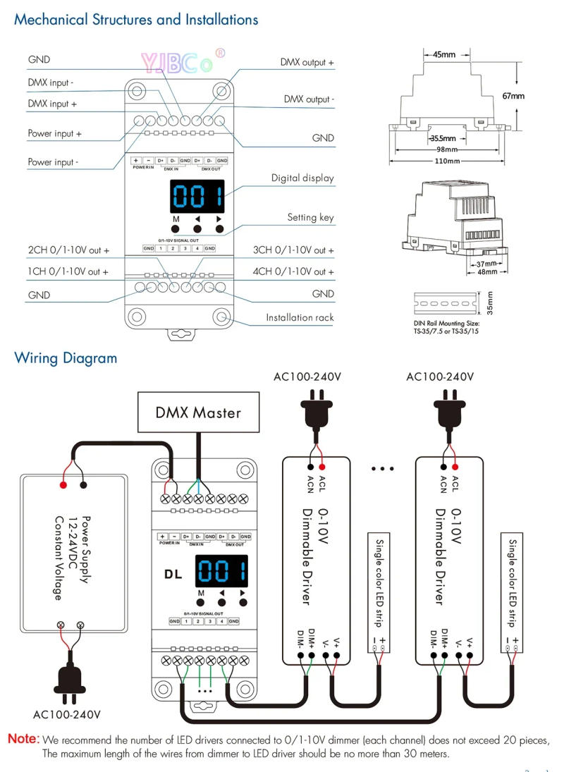Description Picture 6 of itemSkydance DL 1-10V RGBW RGB single color dimmer 0-10V Din Rail 4 Channels DMX 512 Converter 12V-24V 4CH DMX RDM Signal Decoder