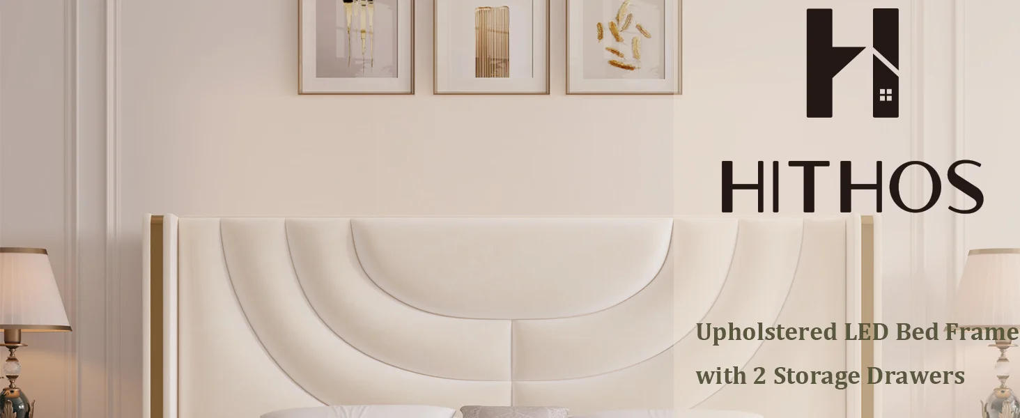 Description Picture 2 of itemHITHOS Queen Upholstered LED Bed Frame with 2 Storage Drawers, Velvet Platform Bed with Wingback Headboard, Solid Wooden Slats S