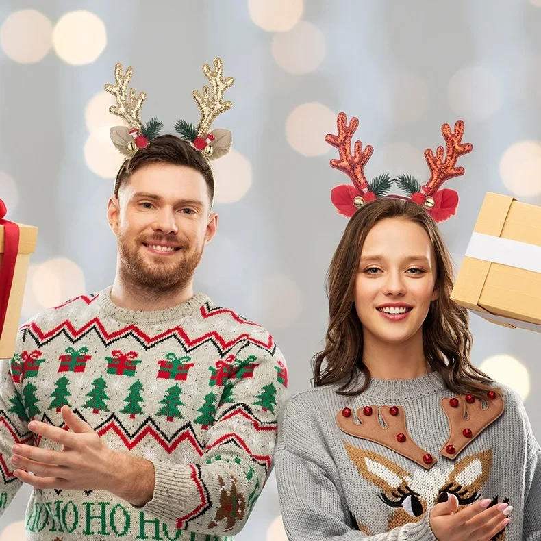 Description Picture 5 of itemChristmas Elk Bell Headband Deer Antlers Hair Dress Xmas Pine Needles Headwear Merry Christmas Photo Prop Happy New Year 2025