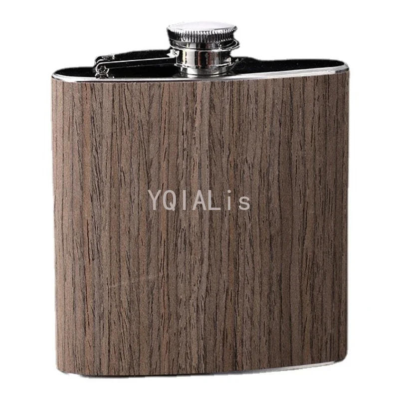 Description Picture 4 of item150-200ml Outdoor Portable Vintage Hip Flask Wood Grain Leather Whiskey Vodka Sake Shochu Bottle Gift with Design Features