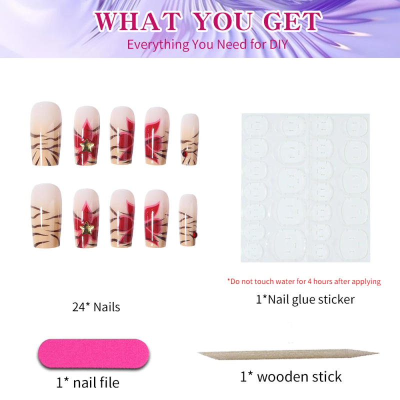 Description Picture 4 of item24pcs long square false nail painting red flowers, sexy mature leopard print design, press on nails, suitable for women,reusable