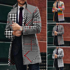 Men Trench Coat Plaid Print Lapel Trench Coat for Men Stylish Windproof Business Jacket with Pockets Long Sleeves for Fall