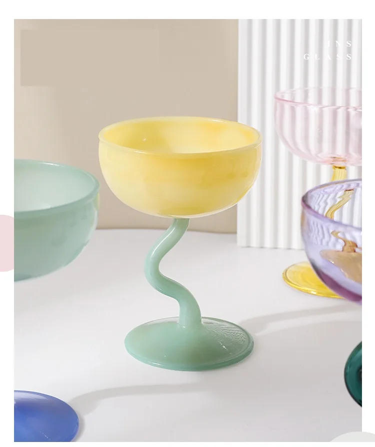 Description Picture 5 of item1 Piece Solid Color Glass Goblet Two Tone Glass Stemware Twisted Stem Champagne Coupes Milk Shake Ice Cream Glasses Cup Ins