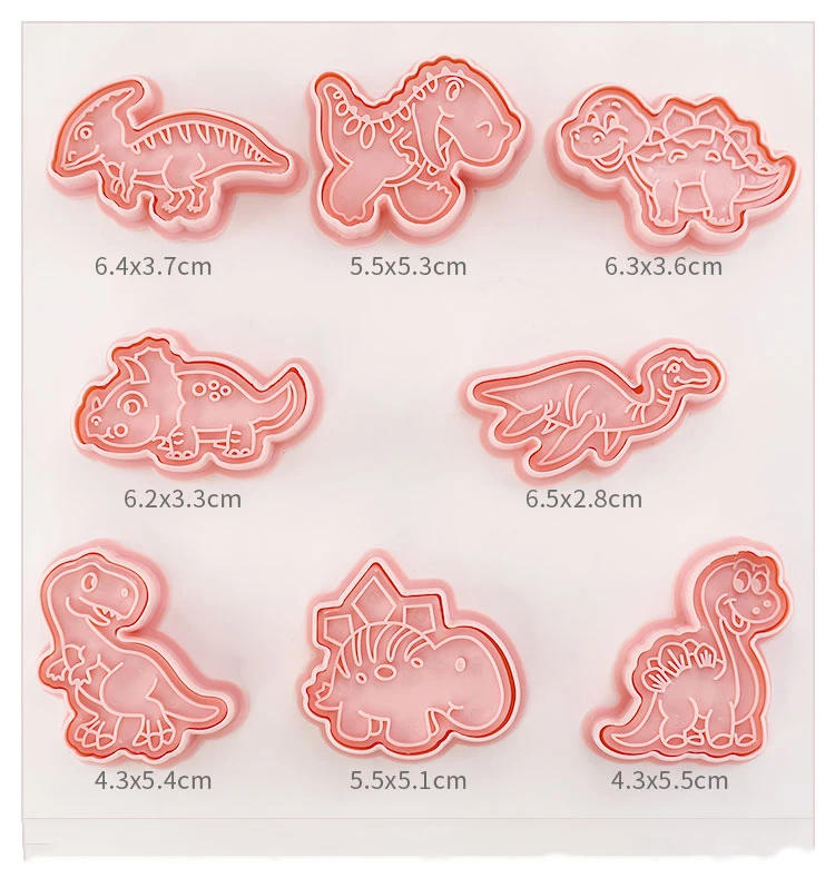 Description Picture 4 of item8 Pcs/set Cookie Cutters Plastic 3D Dinosaur Shape Cartoon Pressable Biscuit Mold Cookie Stamp Kitchen Baking Pastry Bakeware