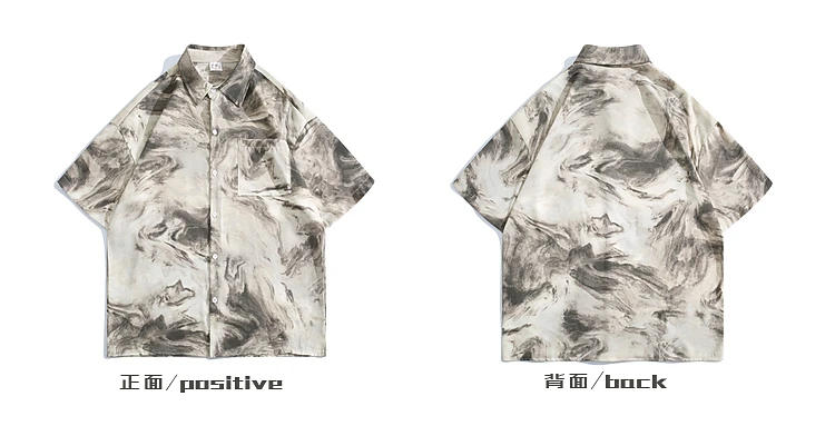 Description Picture 4 of itemMen Women Lapel Short-sleeved Tie-dye Ice Silk Shirts Trendy Summer Seaside Vintage Niche Casual Loose Single-breasted Blouse
