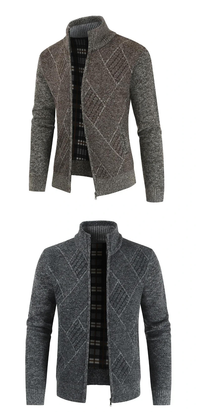 Description Picture 5 of item2023 New Men's Sweater Youth Fashion Trend Zipper Cardigan Stand Up Collar Plaid Casual Sweater Coat
