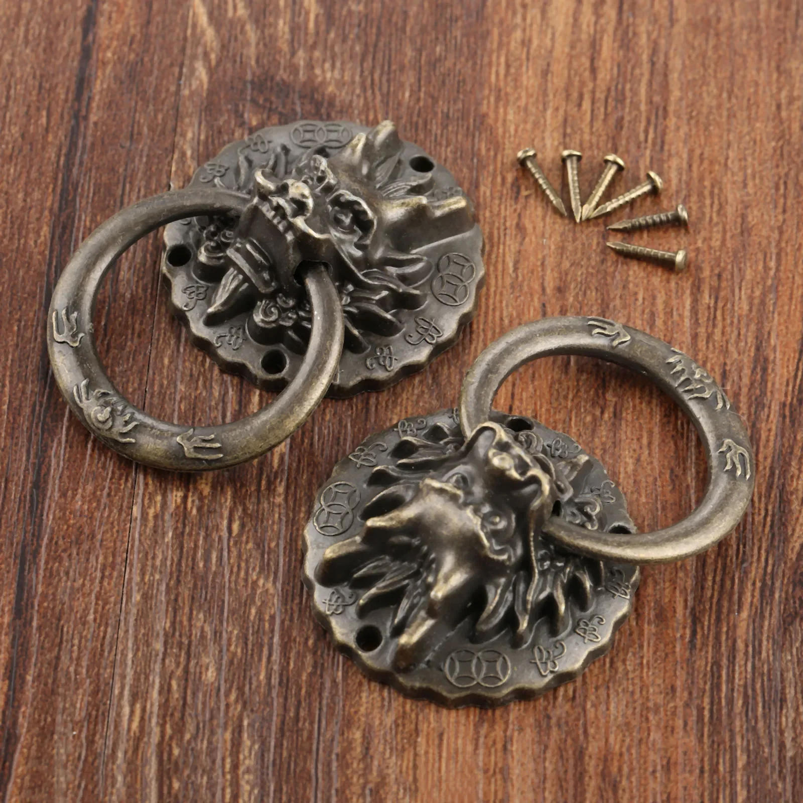Description Picture 4 of item2pcs Antique Bronze Dragon Head Handles Old Chinese Style Vintage Pulls Ring for Dresser Drawer Cabinet Door 32*47mm