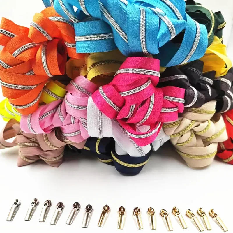 Description Picture 3 of item3# 5 Meters  Golden Silver Tooth Zippers Rolls with 10 Pieces Zipper Slider For Tailor Sewing Accessories