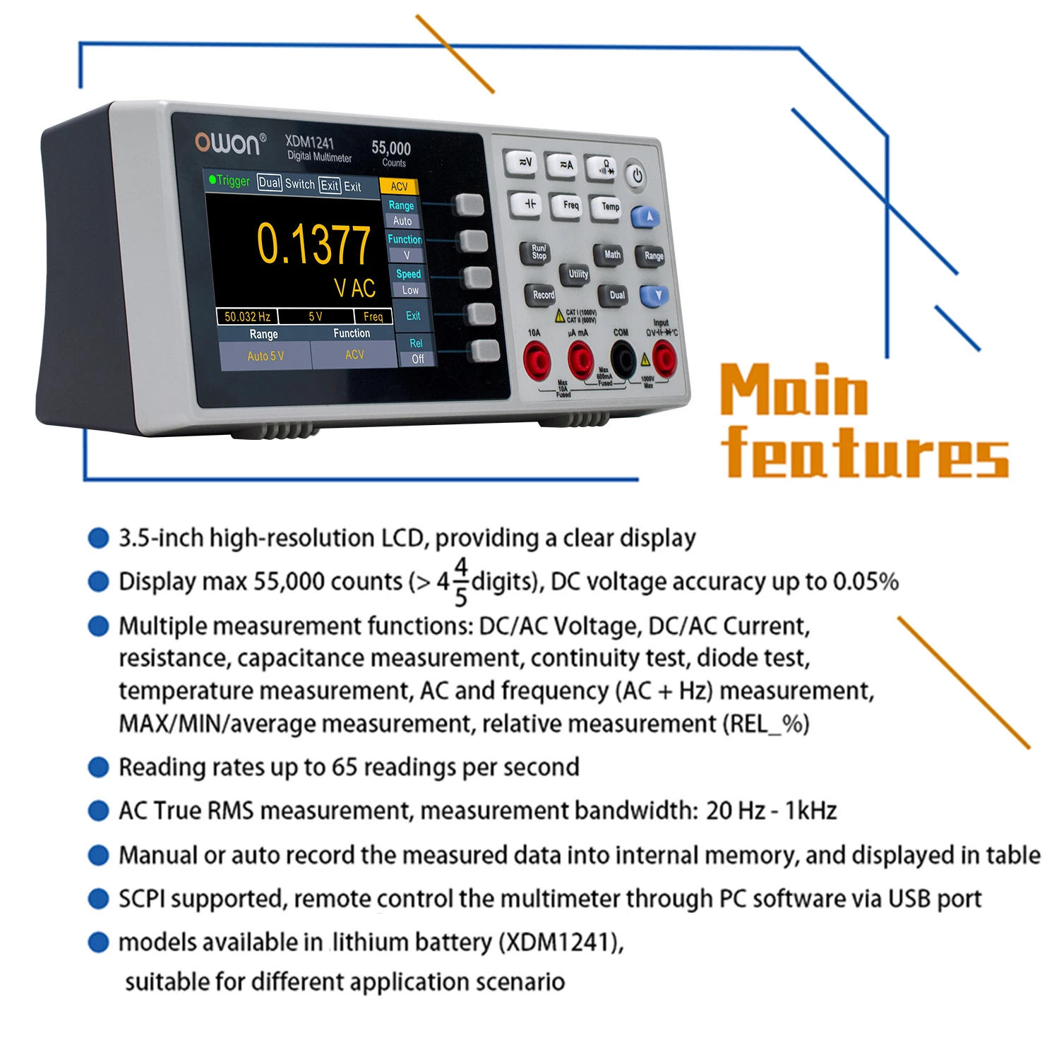 Description Picture 3 of itemOWON XDM1241 Bench Digital Multimeter 55000 Counts TrueRMS 3.5" LCD Current Voltmeter USB Deaktop Multimeters Meter With Battery