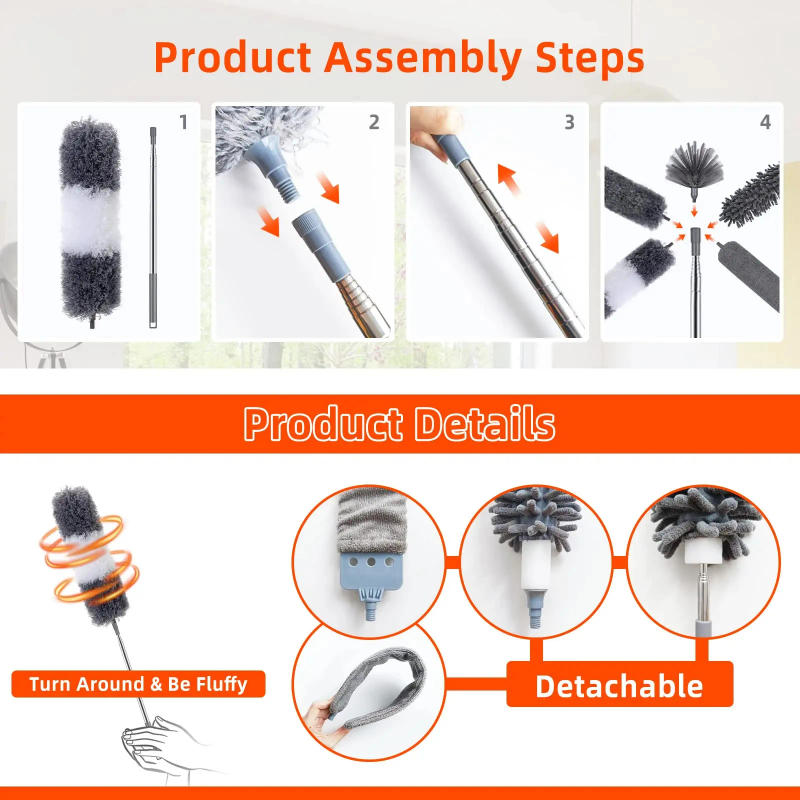 Description Picture 5 of item2.5m Extendable Stainless Steel Telescopic Rod Cleaning Duster Ceiling Sofa Car Dust Cleaner Floor Gap Brush Home Household Tool