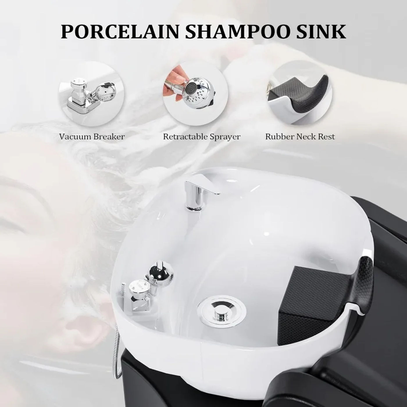 Description Picture 4 of itemBackwash Unit Porcelain Bowl, Salon Sink Hair Wash Chair Shampoo Station, Barbershop Beauty Spa Massage Hairdressing Equipment