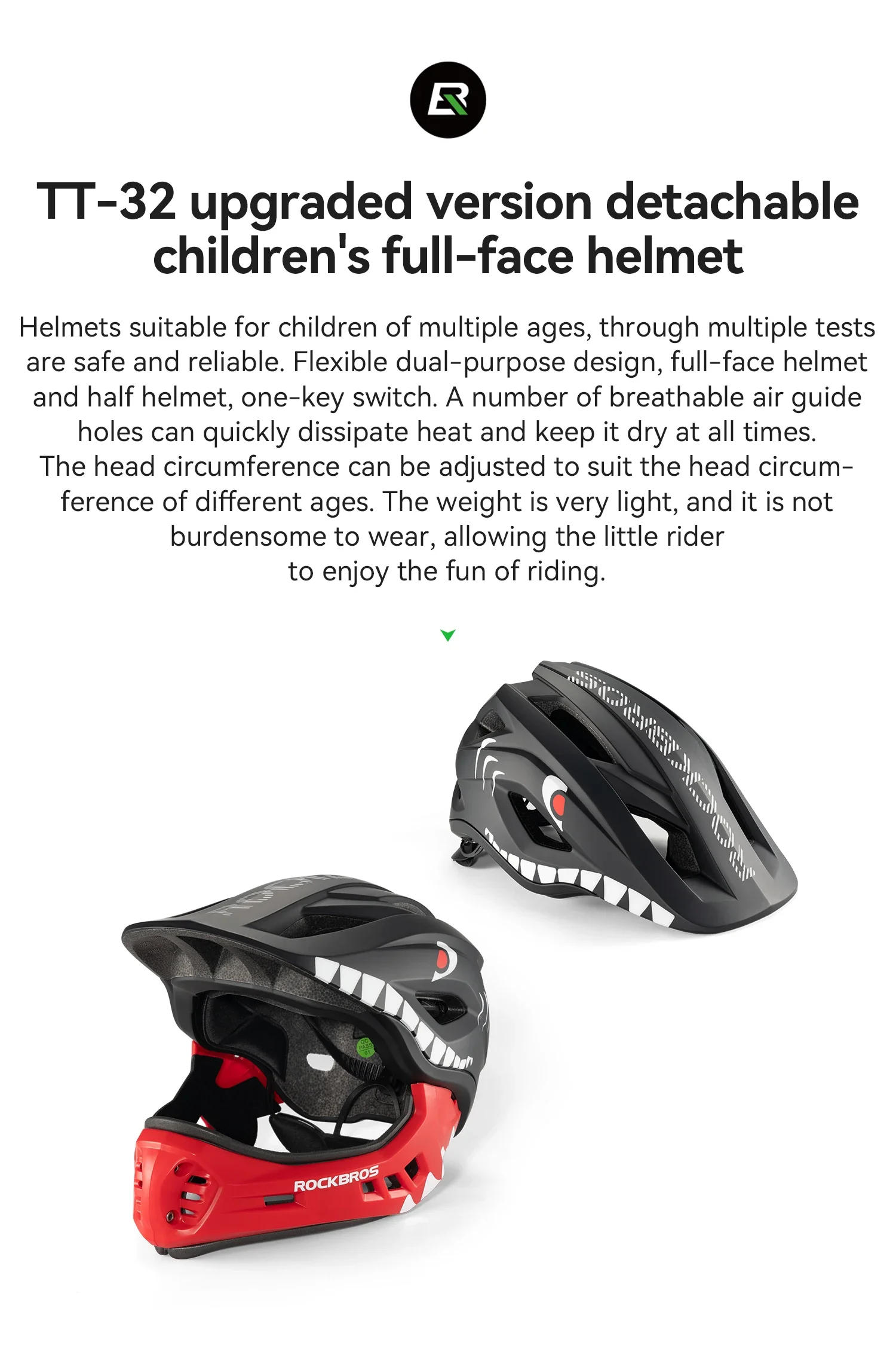 Description Picture 3 of itemROCKBROS Child Cycling Helmets Detachable Full Face Helmet Lightweight Adjustable Bicycle Scooter Helmet Safety Breathable