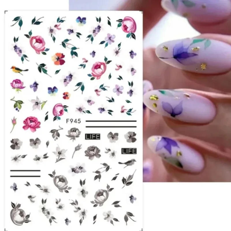 Description Picture 4 of itemColorful Flower 3D Nail Stickers Green Leaf Floral Daisy Spring Nail Art Water Decals Sliders Manicure Butterfly Nail Tips Decor